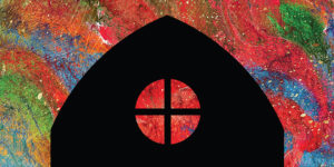 Colorful paint textured background with silhouette of church in foreground