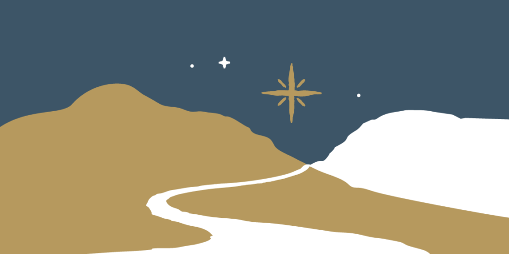 Graphic illustration of a winding path heading towards a mountain chain with stars above in the night sky.